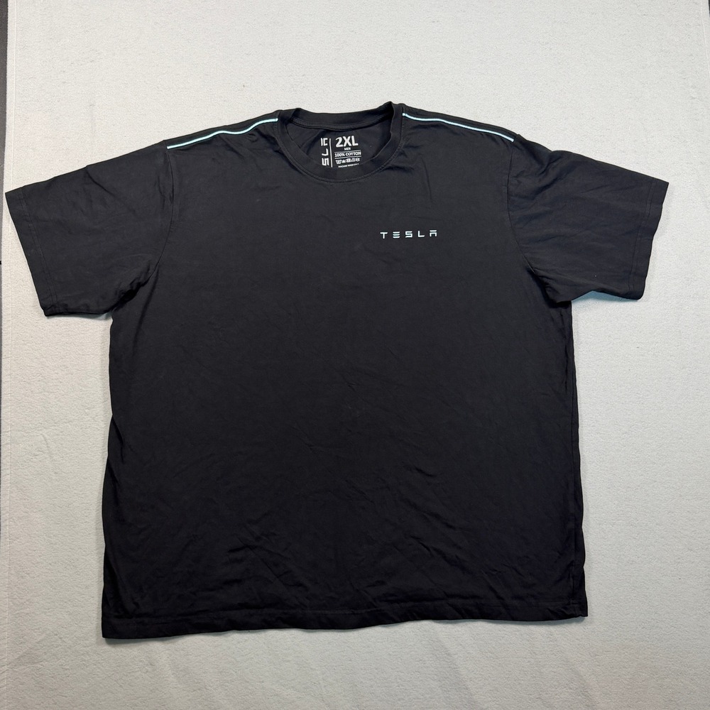 Tesla Mens Logo Graphic T-Shirt 2XL Black Cotton Short Sleeve Shoulder Piping